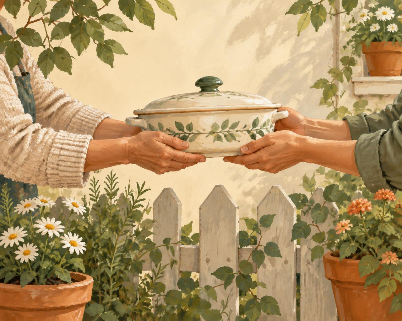 Two neighbors passing a covered dish over a garden fence